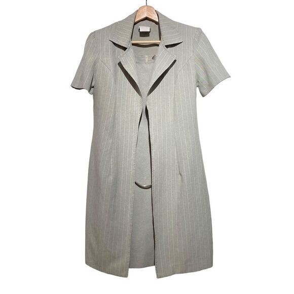 Vintage Two Piece Business Suit Sheath Academia Sage Green Pinstriped Suit Dress - Picture 1 of 11